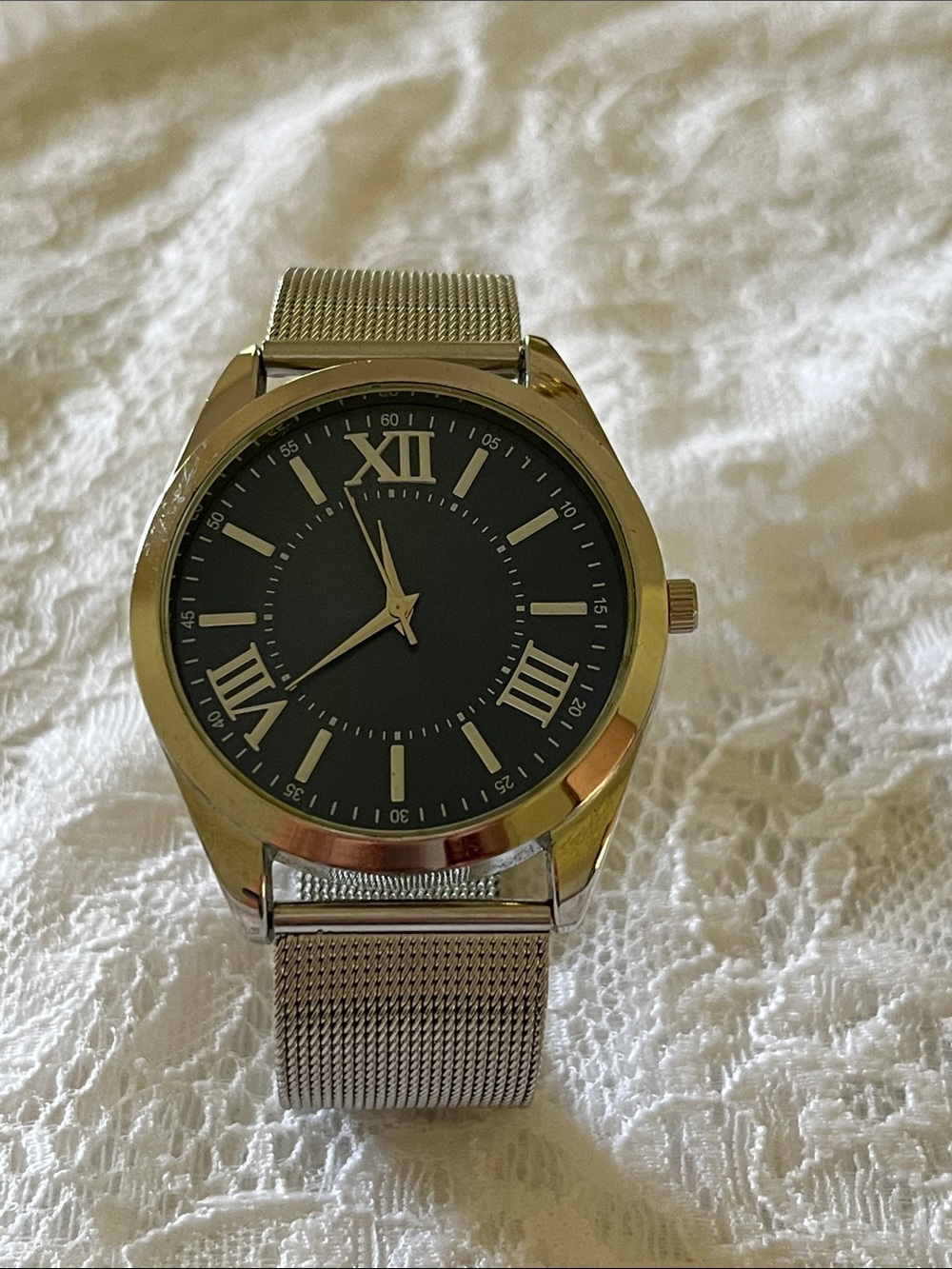 Classic Silver Mesh Band Watch with Black Dial
